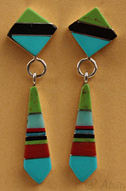 Boucles d'oreilles amérindiennes Zuni en mosaïque de turquoise, corail, gaspeite, bijou amérindien en argent massif