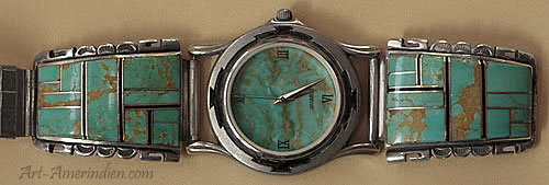 Montre bracelet navajo, bijou amérindien authentique en mosaique de turquoise et argent massif, bracelet-montre Western origine USA